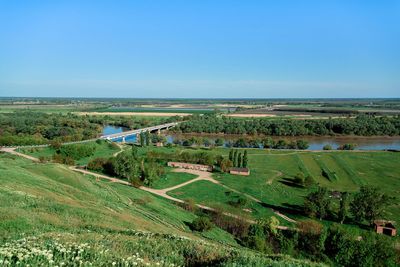 Scenic view of agricultural field against clear sky