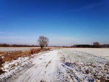 Scenic view of snowy field against clear blue sky during winter