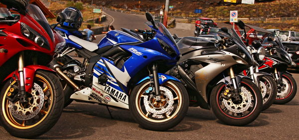 Motorcycles parked on road