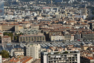 High angle view of buildings in city