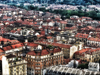 High angle view of buildings in town