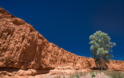 Low angle view of rocks against clear blue sky