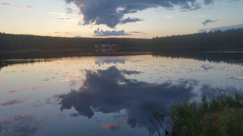 Scenic view of lake against sky at sunset