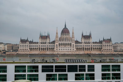 Hungarian parliment in budapest against cloudy sky
