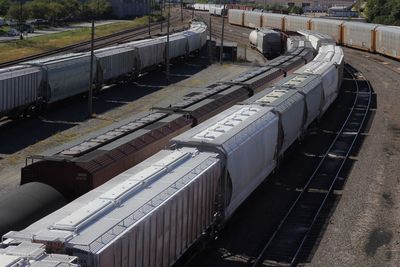 High angle view of freight trains
