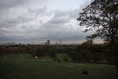 Trees on field against cloudy sky