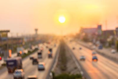 High angle view of city street during sunset