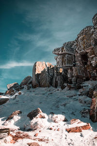 Rock formations by sea against sky