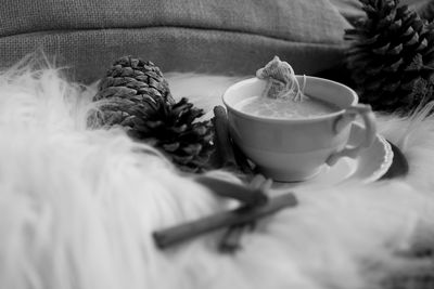 Close-up of matcha latte tea cup on table