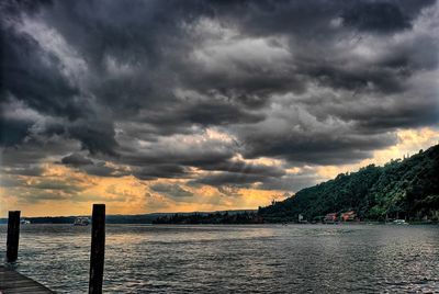 Scenic view of sea against dramatic sky
