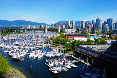 High angle view of boats moored at harbor