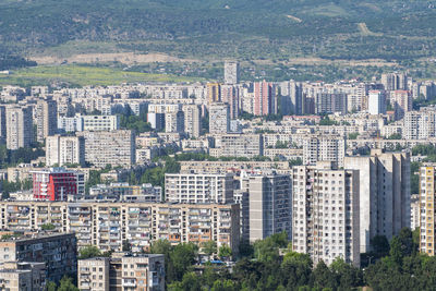 High angle view of buildings in city