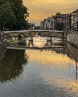 Bridge over river in city against sky during sunset