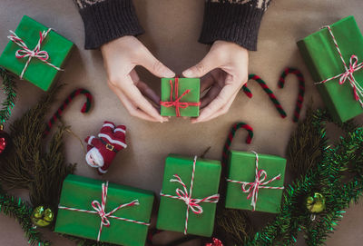 High angle view of christmas decorations on table