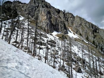 Low angle view of snow covered mountain against sky