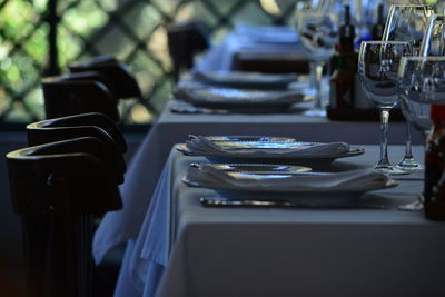 View of wine glasses on table at restaurant