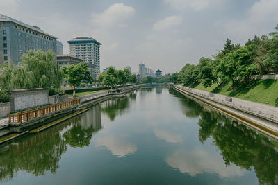 Reflection of trees and buildings in river against sky