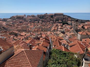 High angle shot of townscape against clear sky