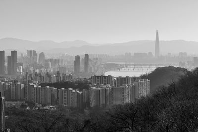 Cityscape against clear sky