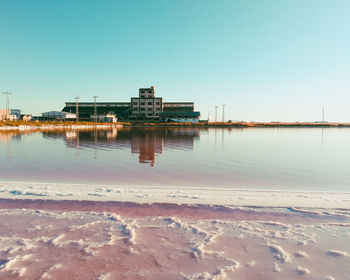 Reflection of built structure in water against clear sky