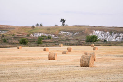 Hay bales on field against sky