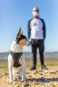 Man with dog standing on land against sky