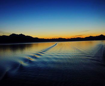 Scenic view of lake against clear sky during sunset