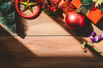 High angle view of christmas decorations on table