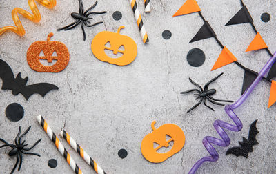 Halloween holiday background with decorations. view from above. flat lay