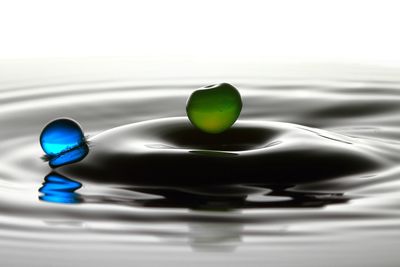 Close-up of blue and green drops in water