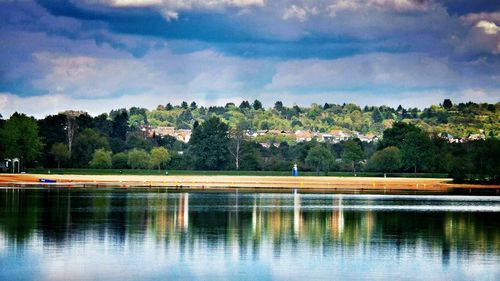 Scenic view of lake against cloudy sky
