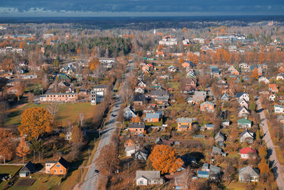 High angle view of townscape and trees in city