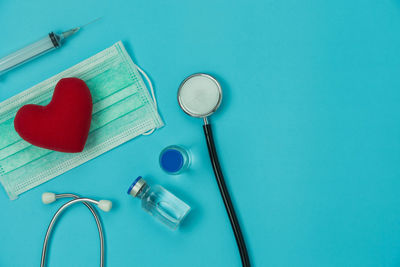 High angle view of objects on table