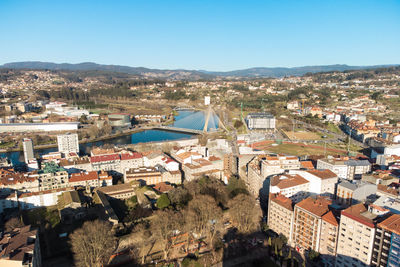 High angle view of townscape against clear sky