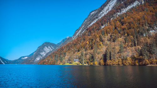 Scenic view of lake against blue sky