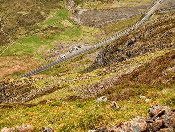 High angle view of vehicles parked at roadside