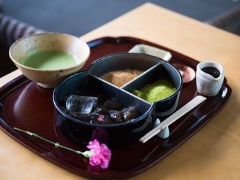 High angle view of spices in container on table