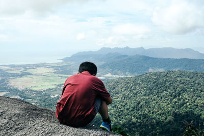 Rear view of man looking at mountains