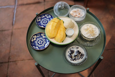 High angle view of breakfast on table