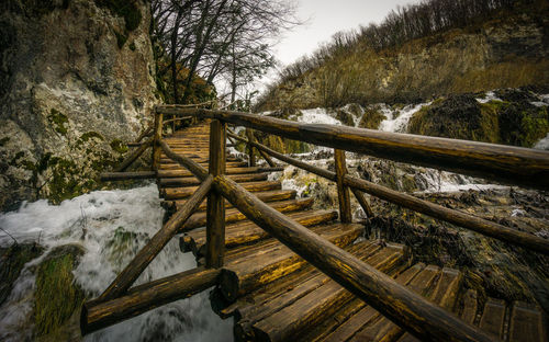 Wooden railing by trees against sky