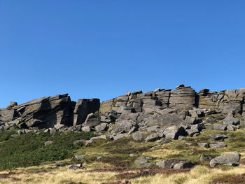 Low angle view of rocks against clear blue sky