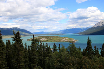 Scenic view of lake against cloudy sky