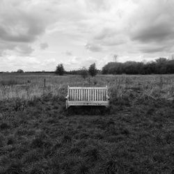 A minimalist image of a bench in the english countryside