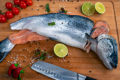 High angle view of fish on table