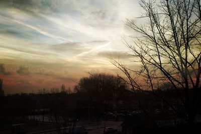 Bare trees against cloudy sky at sunset