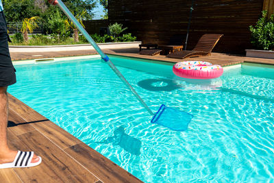 High angle view of swimming in pool