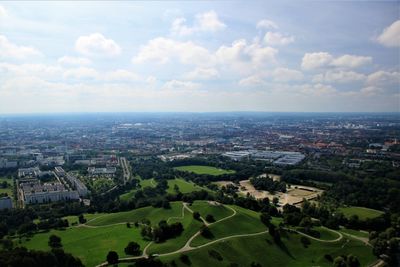 High angle view of buildings in city against sky