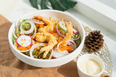 High angle view of food in bowl on table