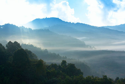 Scenic view of mountains against sky during foggy weather