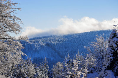 Scenic view of snow covered mountains against sky